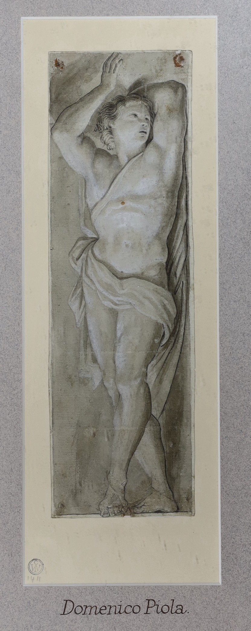 Attributed to Domenico Piola (Italian, 1627-1703), ink and wash, Study of a standing figure, mount with collector's mark CW, 27 x 8cm